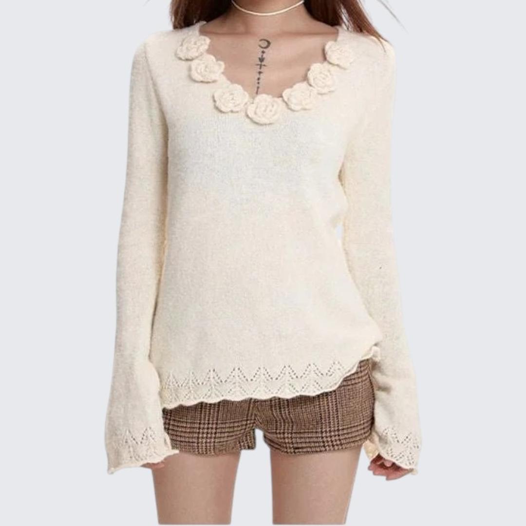 Gray 3D Flower V - Neck Long - Sleeve Sweater For Women - Autumn & Winter - tutufox - 