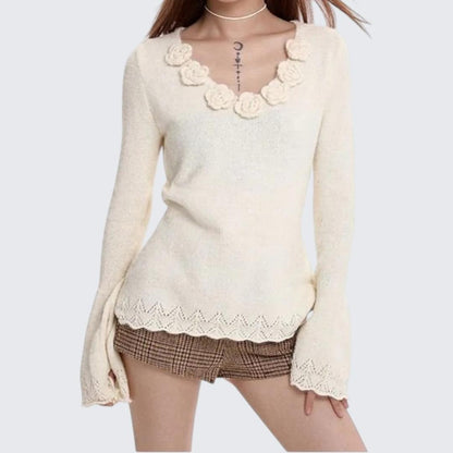 Gray 3D Flower V - Neck Long - Sleeve Sweater For Women - Autumn & Winter - tutufox - 