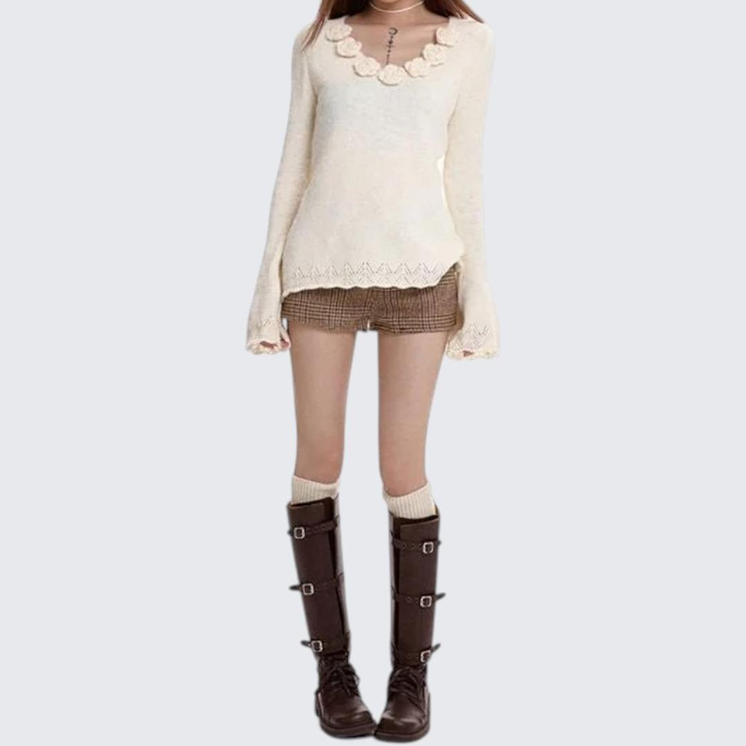 Gray 3D Flower V - Neck Long - Sleeve Sweater For Women - Autumn & Winter - tutufox - 