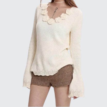 Gray 3D Flower V - Neck Long - Sleeve Sweater For Women - Autumn & Winter - tutufox - 