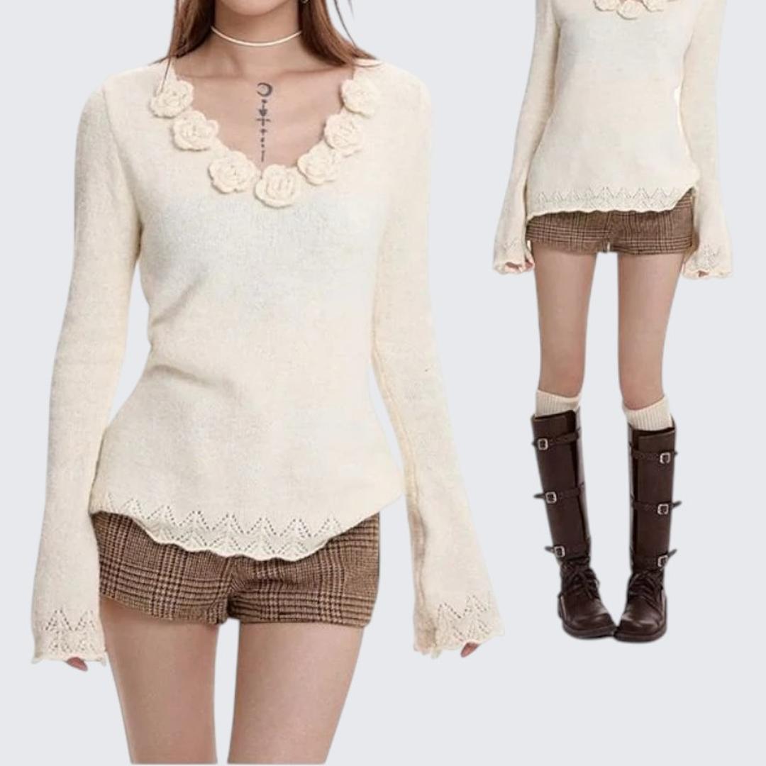 Gray 3D Flower V - Neck Long - Sleeve Sweater For Women - Autumn & Winter - tutufox - 