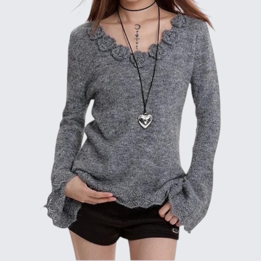 Gray 3D Flower V - Neck Long - Sleeve Sweater For Women - Autumn & Winter - tutufox - 