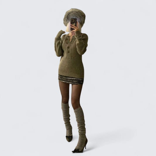 Gray Button Knit Dress with Layered Sequin Skirt Y2K Two - Piece Set - tutufox - 