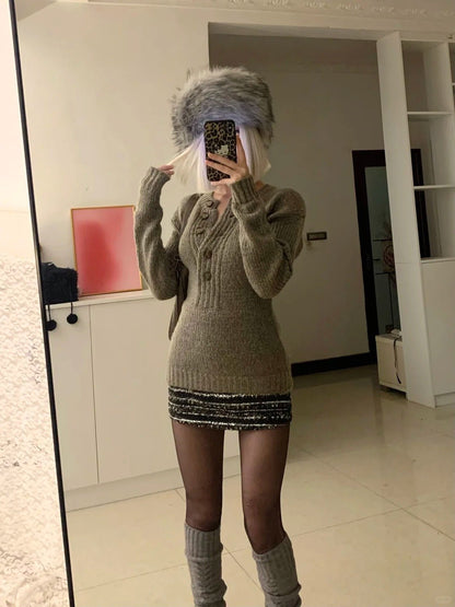 Gray Button Knit Dress with Layered Sequin Skirt Y2K Two - Piece Set - tutufox - 