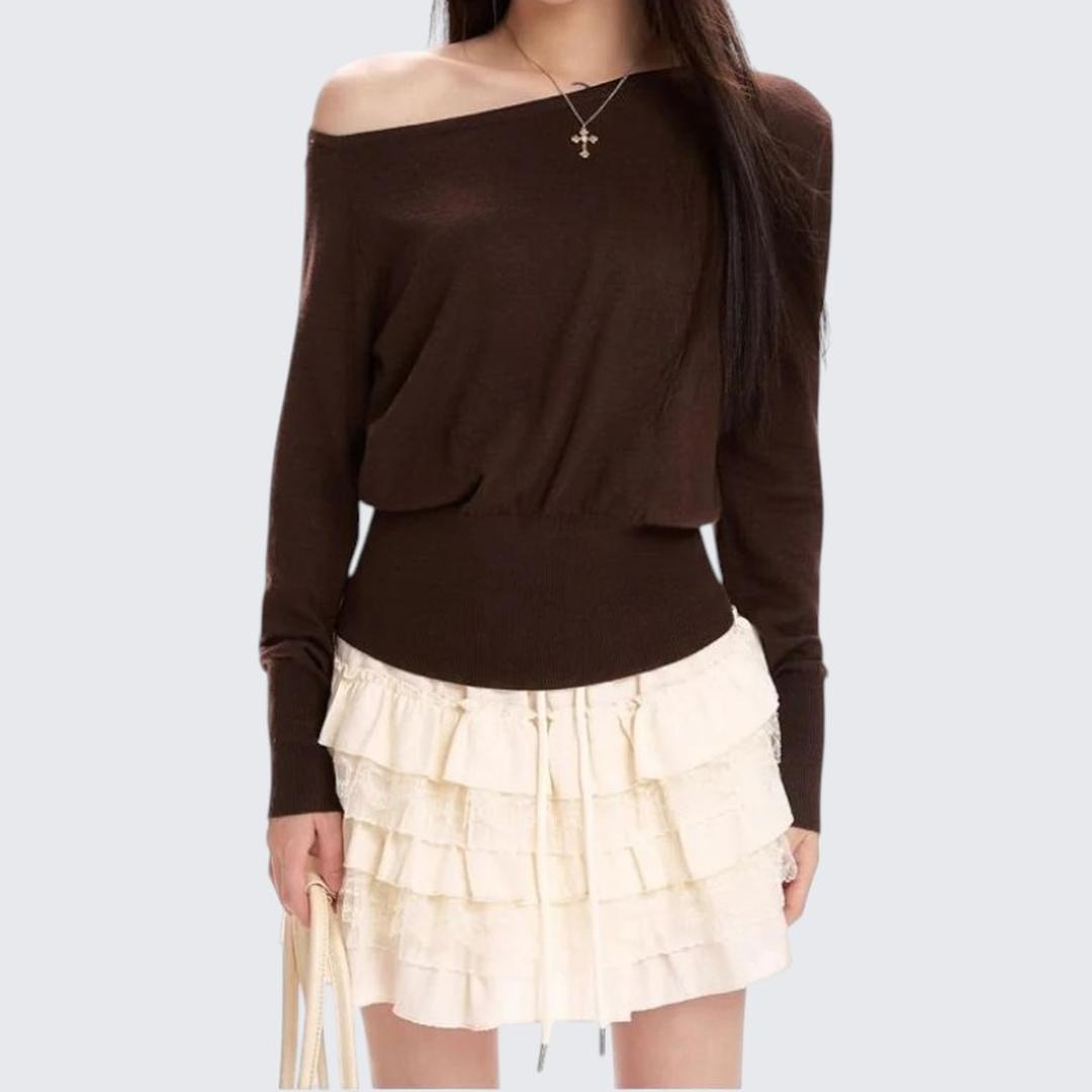 Gray Diagonal - Shoulder Long - Sleeve Knitted Sweater For Women - Spring & Autumn - tutufox - 