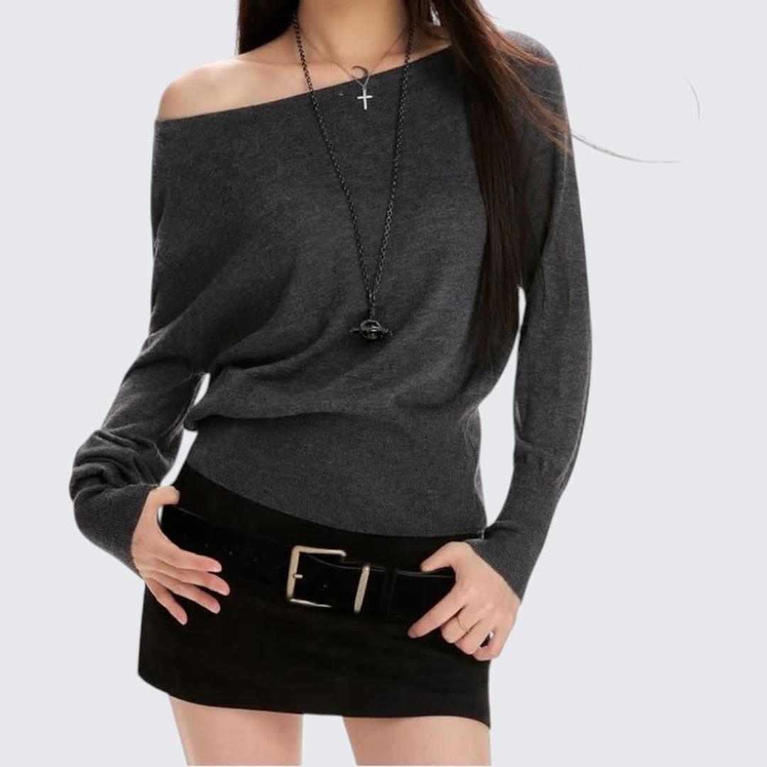 Gray Diagonal - Shoulder Long - Sleeve Knitted Sweater For Women - Spring & Autumn - tutufox - 