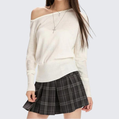 Gray Diagonal - Shoulder Long - Sleeve Knitted Sweater For Women - Spring & Autumn - tutufox - 