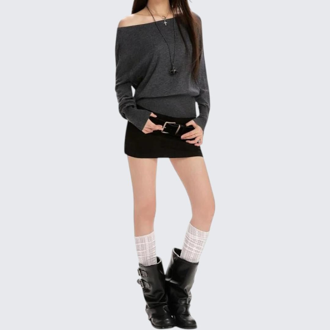 Gray Diagonal - Shoulder Long - Sleeve Knitted Sweater For Women - Spring & Autumn - tutufox - 