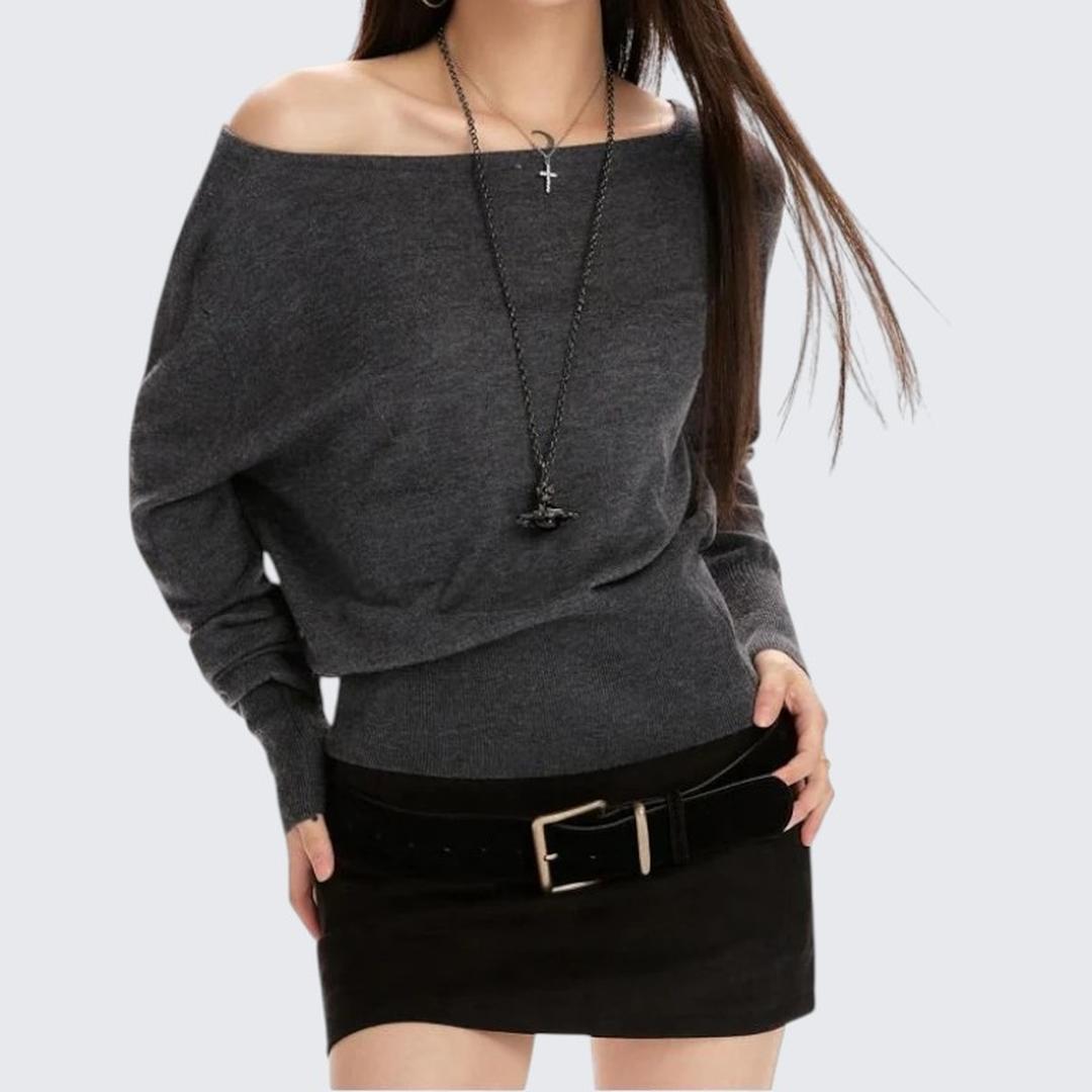 Gray Diagonal - Shoulder Long - Sleeve Knitted Sweater For Women - Spring & Autumn - tutufox - 