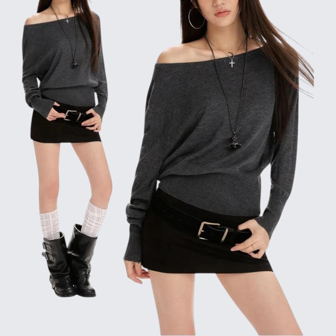 Gray Diagonal - Shoulder Long - Sleeve Knitted Sweater For Women - Spring & Autumn - tutufox - 