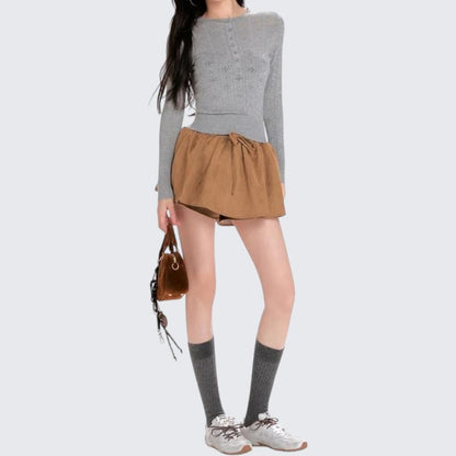 Gray Hollow - Out Long - Sleeve Wool Knitted Sweater For Women - Spring & Autumn - tutufox - 