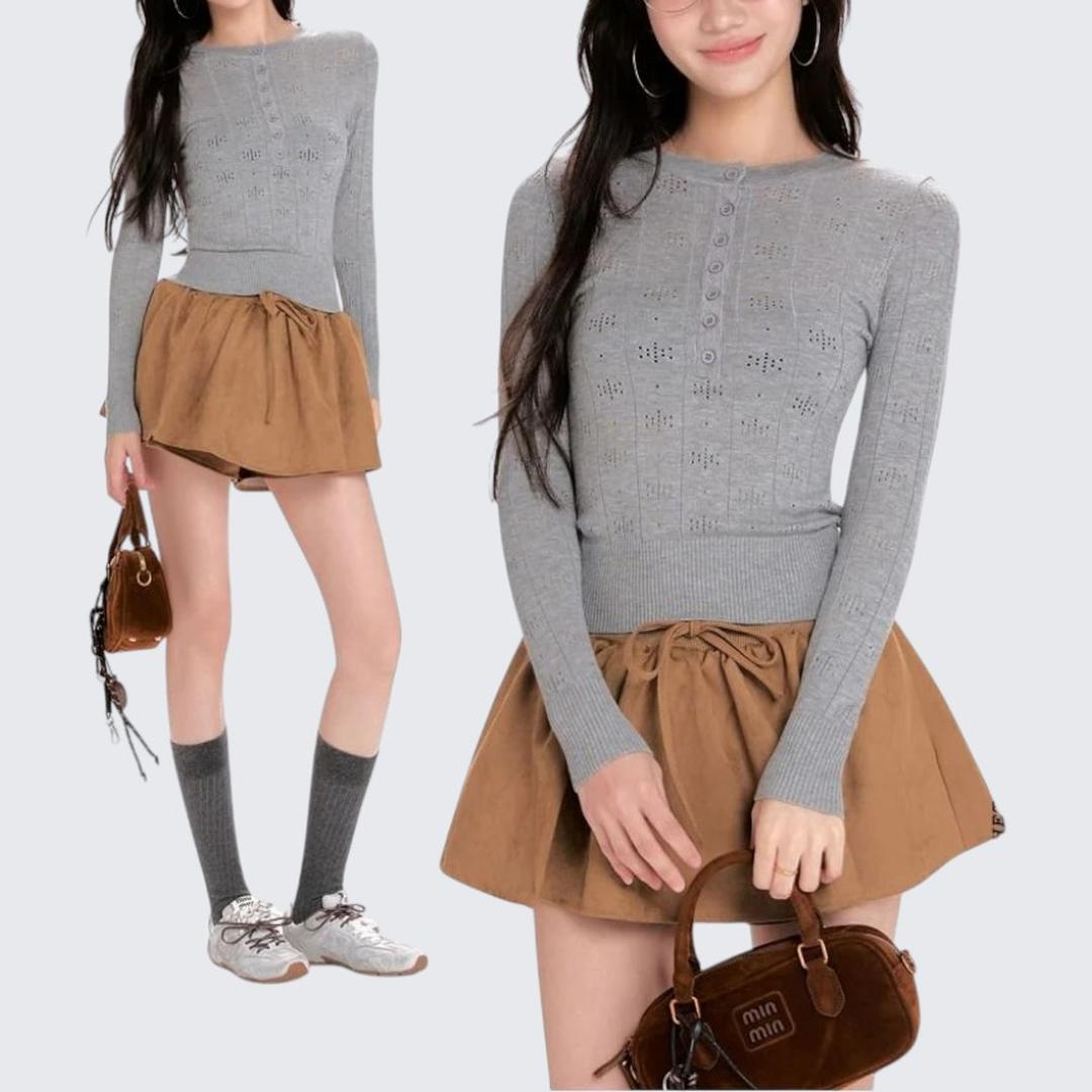 Gray Hollow - Out Long - Sleeve Wool Knitted Sweater For Women - Spring & Autumn - tutufox - 