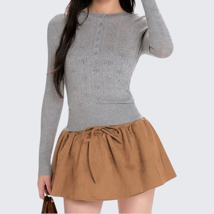 Gray Hollow - Out Long - Sleeve Wool Knitted Sweater For Women - Spring & Autumn - tutufox - 