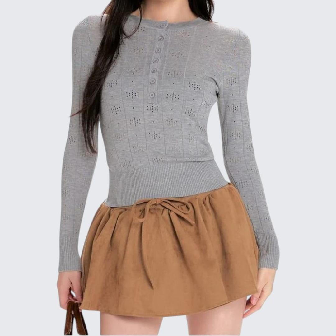 Gray Hollow - Out Long - Sleeve Wool Knitted Sweater For Women - Spring & Autumn - tutufox - 