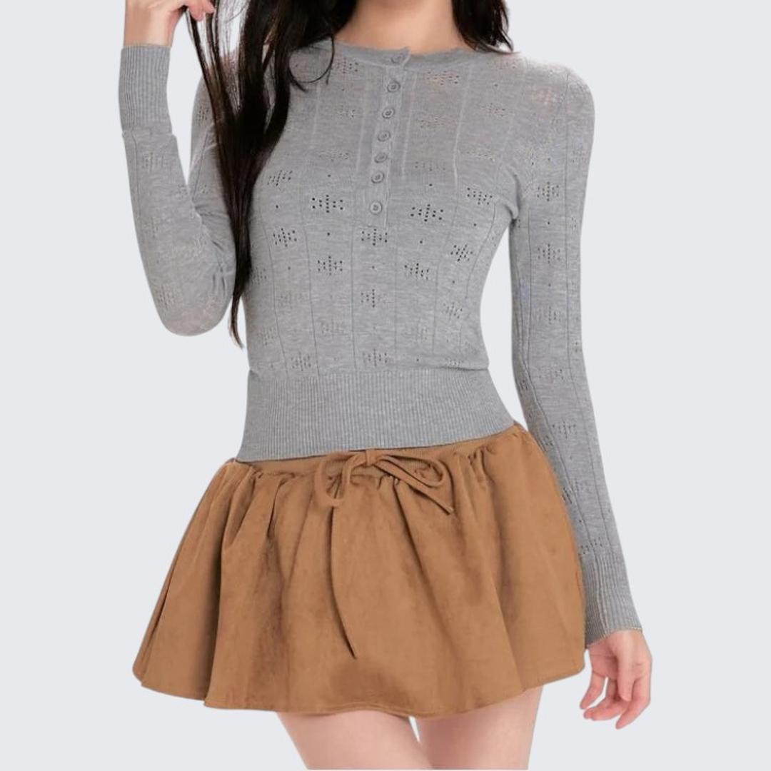 Gray Hollow - Out Long - Sleeve Wool Knitted Sweater For Women - Spring & Autumn - tutufox - 