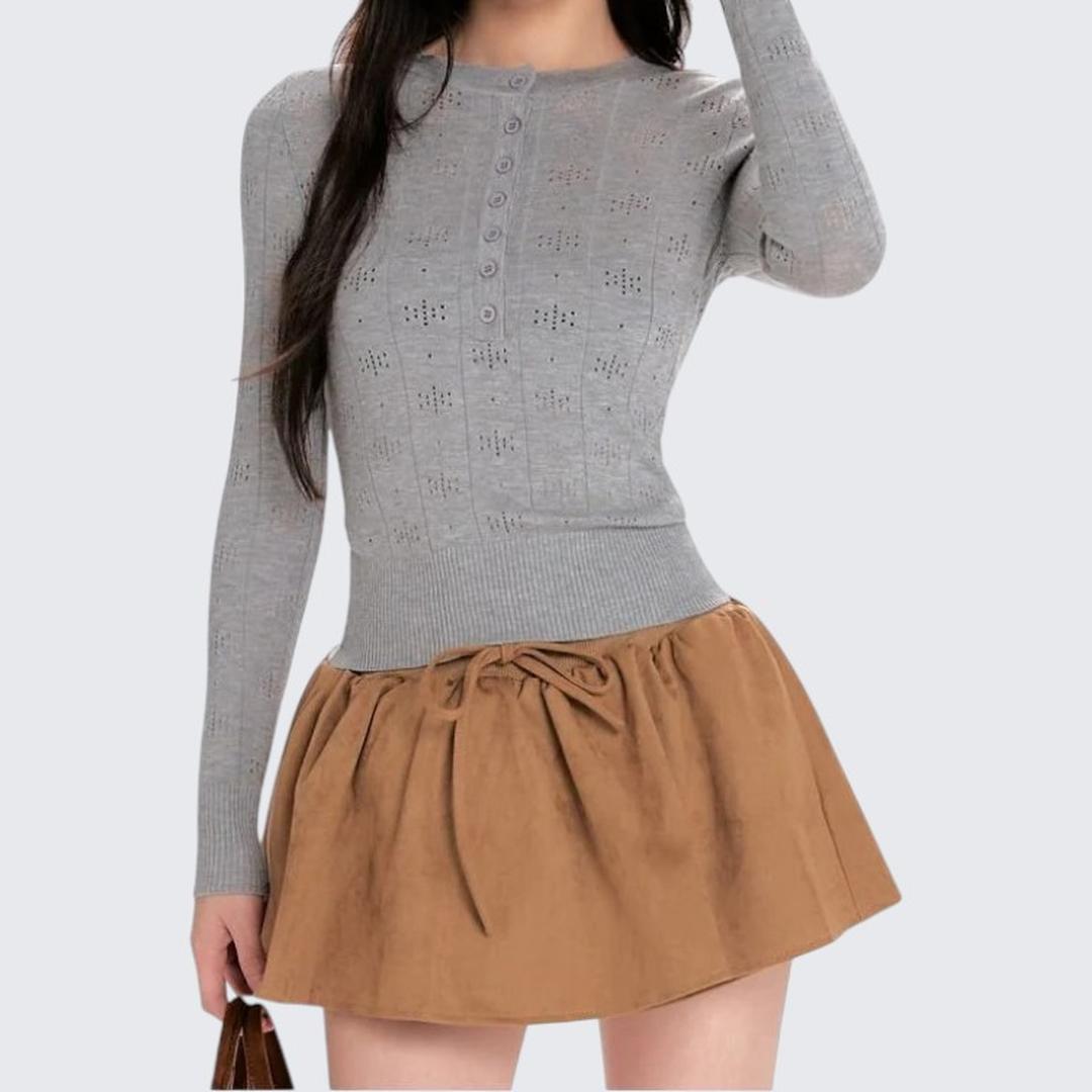 Gray Hollow - Out Long - Sleeve Wool Knitted Sweater For Women - Spring & Autumn - tutufox - 