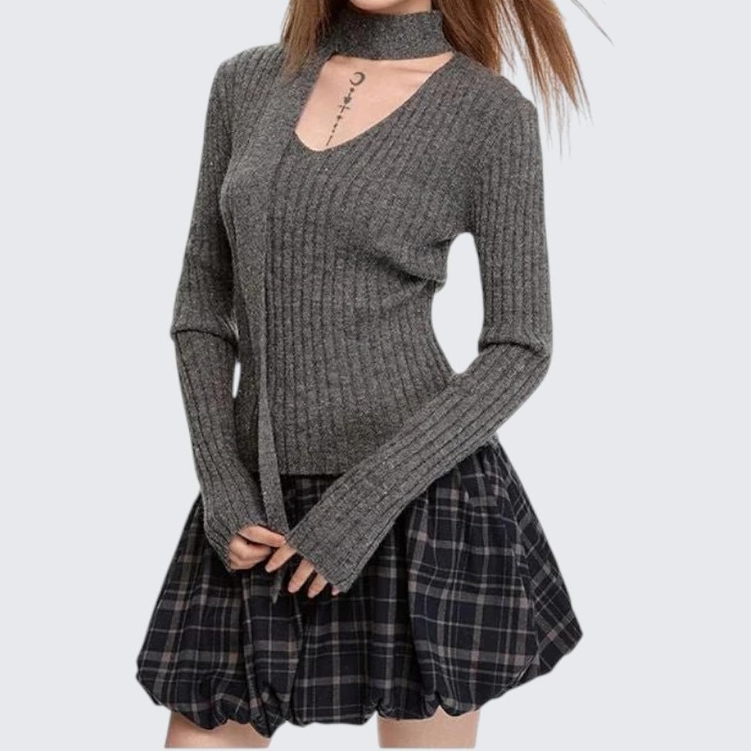 Gray Long - Sleeve V - Neck Sweater For Women - Autumn & Winter - tutufox - 