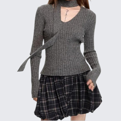 Gray Long - Sleeve V - Neck Sweater For Women - Autumn & Winter - tutufox - 