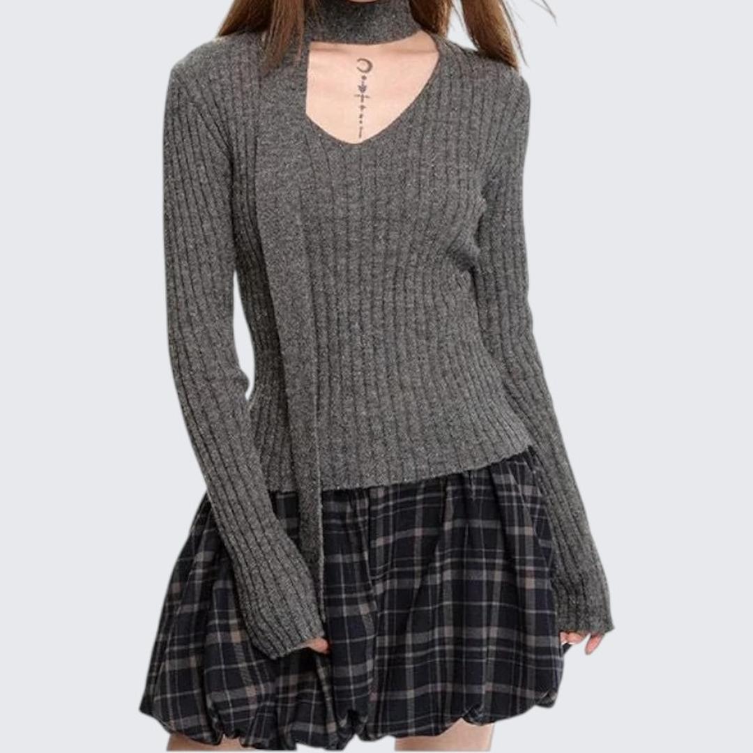 Gray Long - Sleeve V - Neck Sweater For Women - Autumn & Winter - tutufox - 