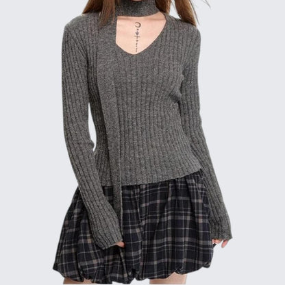 Gray Long - Sleeve V - Neck Sweater For Women - Autumn & Winter - tutufox - 