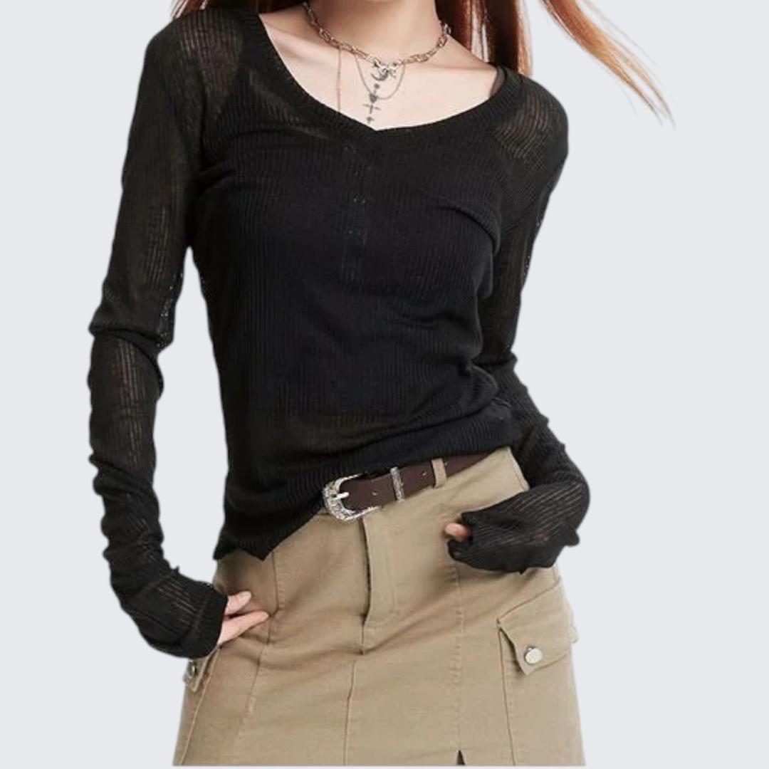 Gray Slightly Translucent Long-Sleeve Knitted Sweater For Women - Spring & Autumn