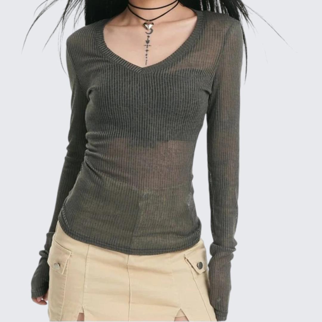Gray Slightly Translucent Long-Sleeve Knitted Sweater For Women - Spring & Autumn