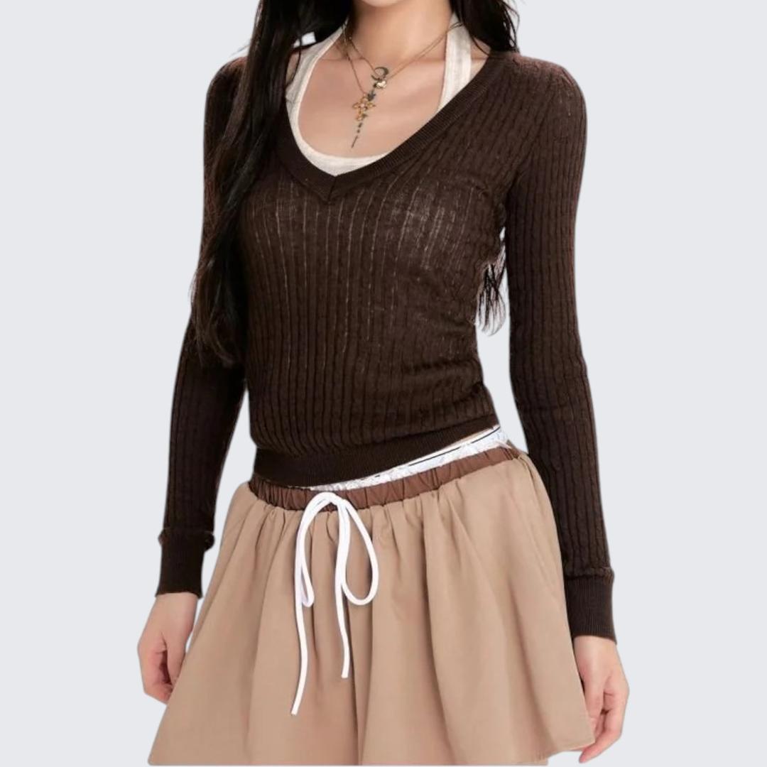 Gray Vest & Coffee V-Neck Knitted Set - Spring & Summer