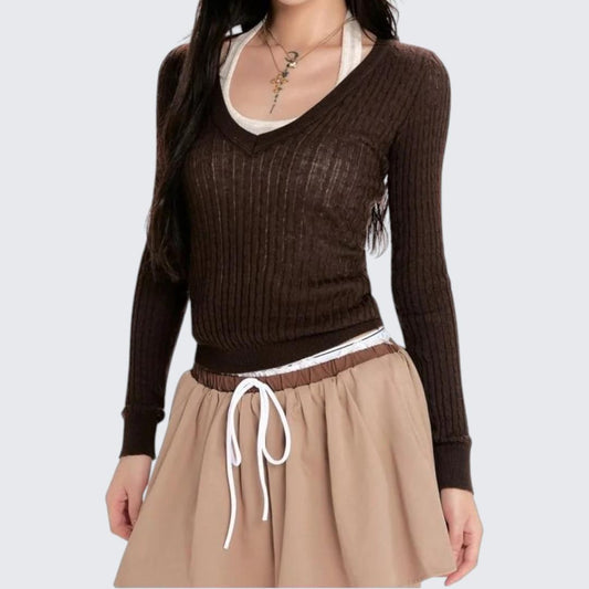 Gray Vest & Coffee V-Neck Knitted Set - Spring & Summer