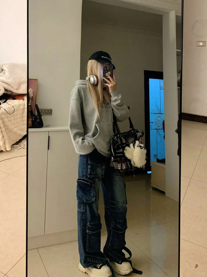 Grey Hoodie and Blue Cargo Jeans Y2K Outfit - tutufox - 