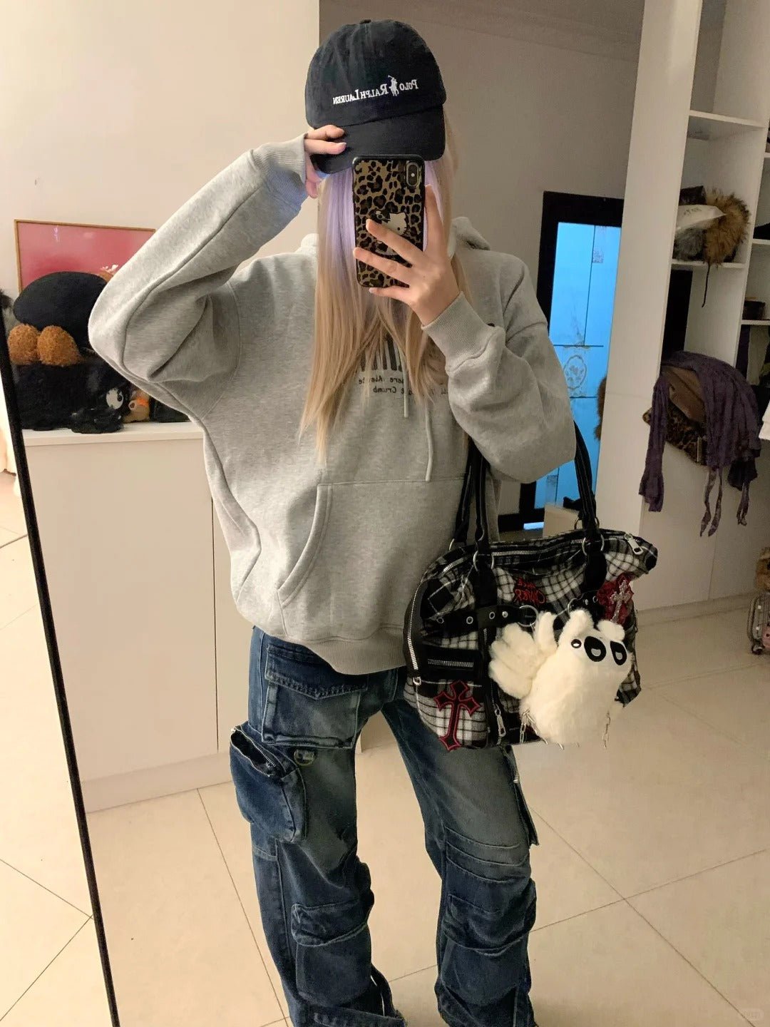 Grey Hoodie and Blue Cargo Jeans Y2K Outfit - tutufox - 