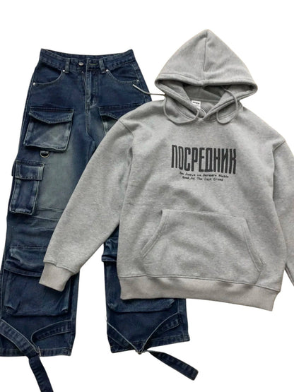 Grey Hoodie and Blue Cargo Jeans Y2K Outfit - tutufox - 