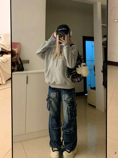 Grey Hoodie and Blue Cargo Jeans Y2K Outfit - tutufox - 