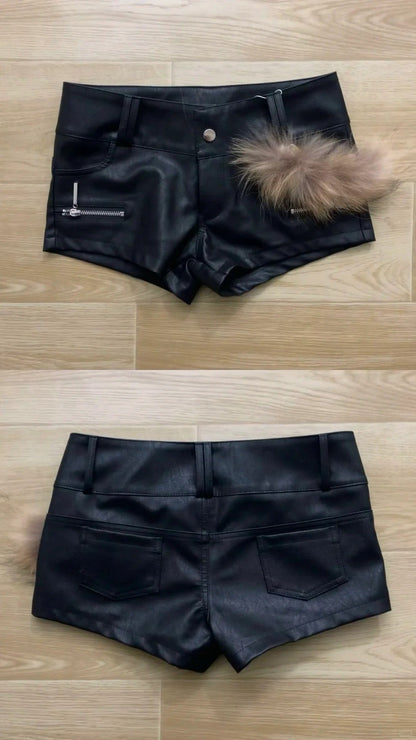 Grey Loose Sweater and Black Studded Leather Shorts Y2K Two Piece Sets - tutufox - 