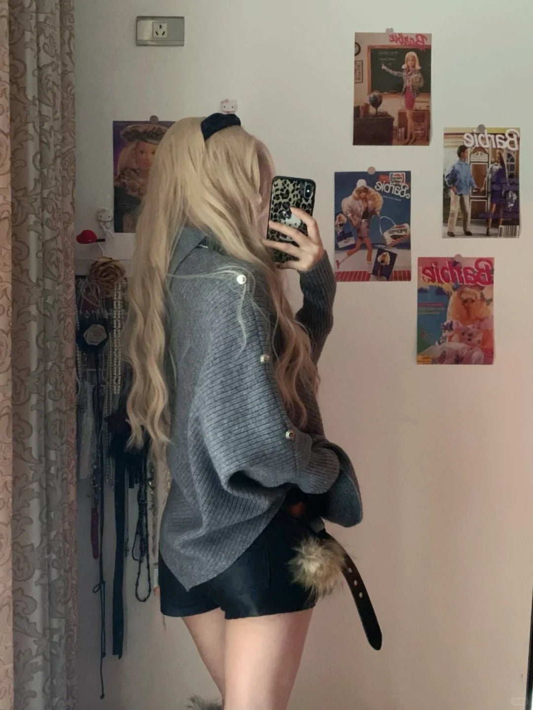 Grey Loose Sweater and Black Studded Leather Shorts Y2K Two Piece Sets - tutufox - 