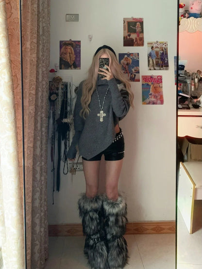 Grey Loose Sweater and Black Studded Leather Shorts Y2K Two Piece Sets - tutufox - 