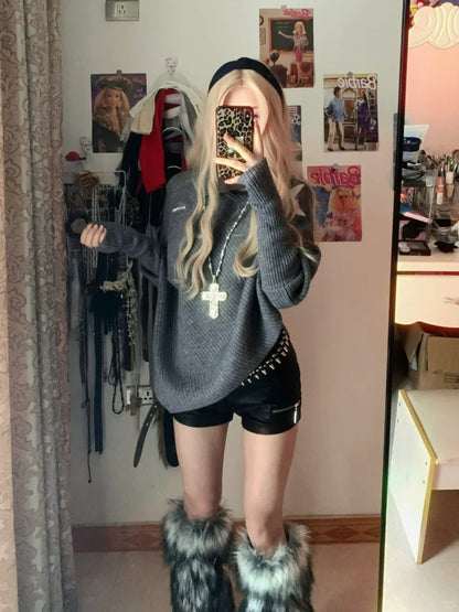 Grey Loose Sweater and Black Studded Leather Shorts Y2K Two Piece Sets - tutufox - 