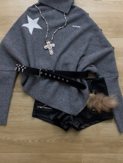 Grey Loose Sweater and Black Studded Leather Shorts Y2K Two Piece Sets - tutufox - 