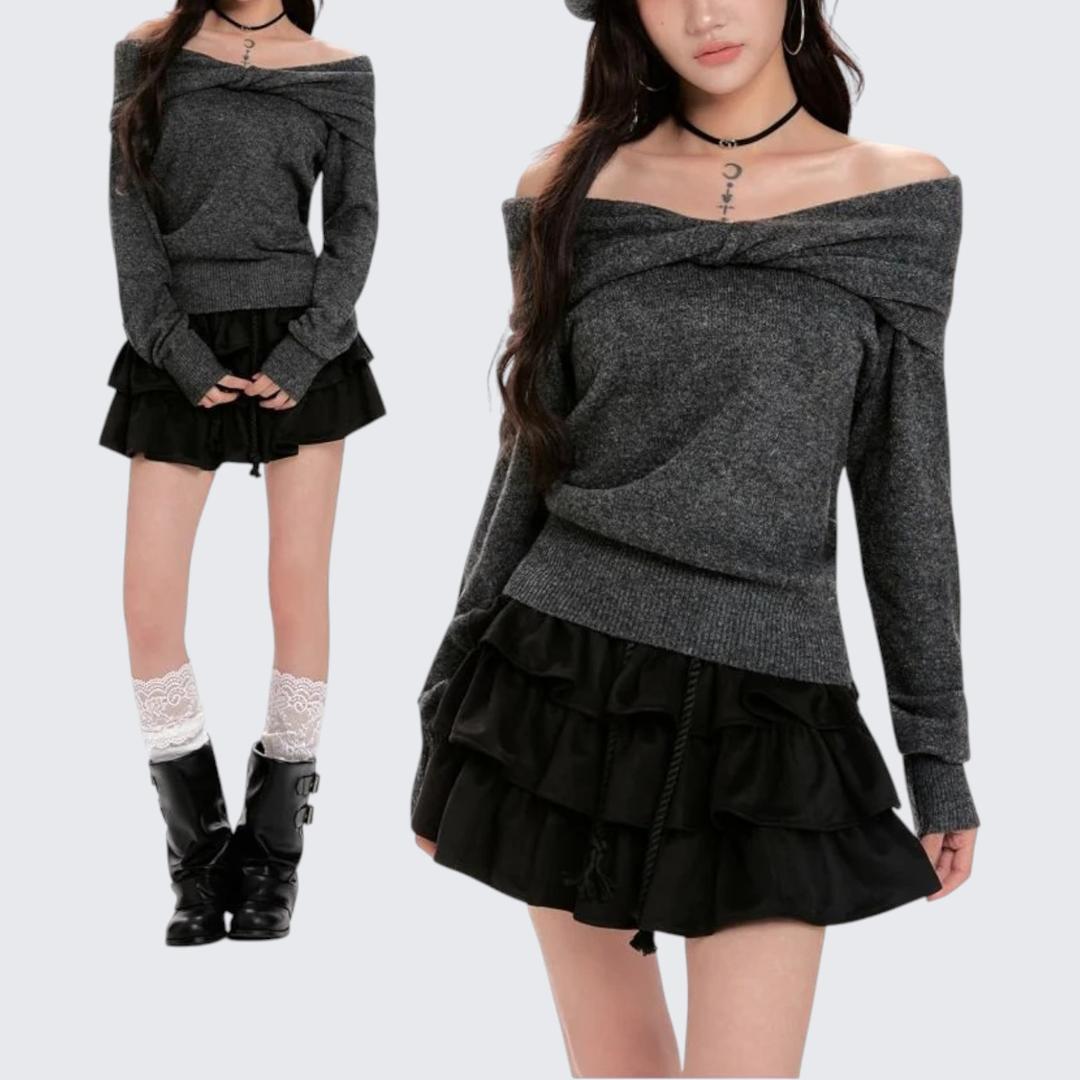 Grey Off-Shoulder Long-Sleeve Knitted Sweater - Spring & Autumn