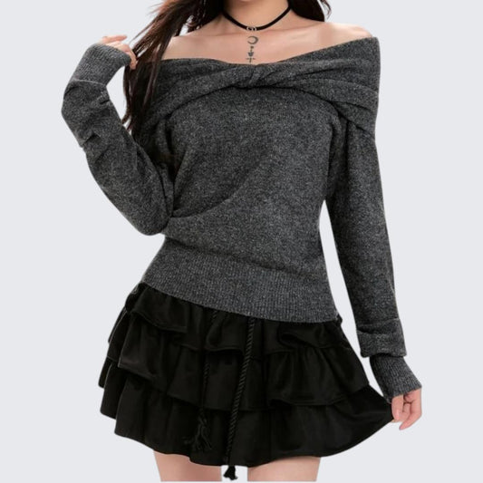 Grey Off-Shoulder Long-Sleeve Knitted Sweater - Spring & Autumn