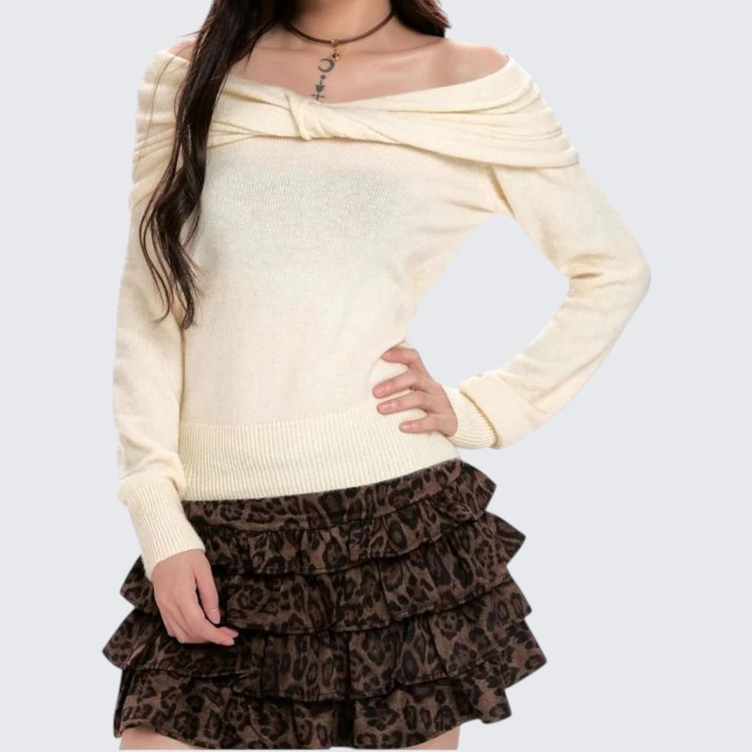 Grey Off-Shoulder Long-Sleeve Knitted Sweater - Spring & Autumn