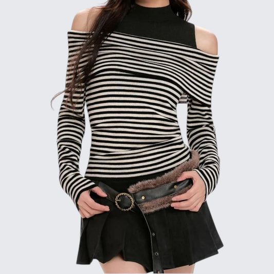Half-High Collar Striped Fake Two-Piece Knitted Sweater - Spring & Autumn