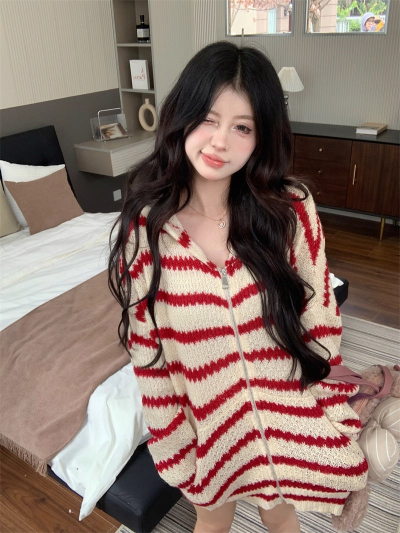 Bunny Hood Striped Knit Cardigan Women