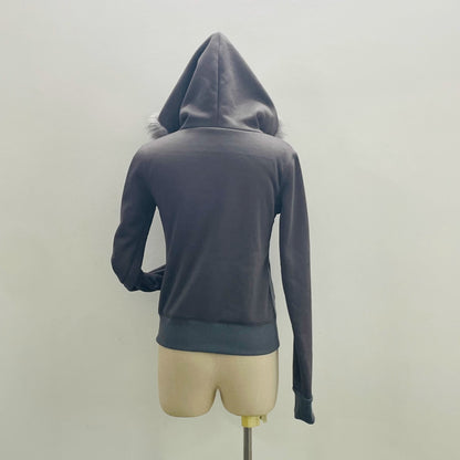 Winter Grey Letter Fur Hoodie Y2K Hoodie