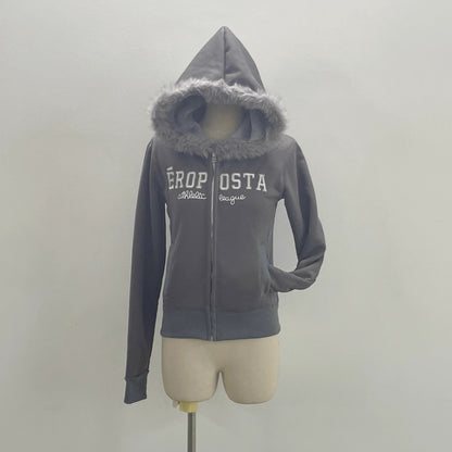 Winter Grey Letter Fur Hoodie Y2K Hoodie