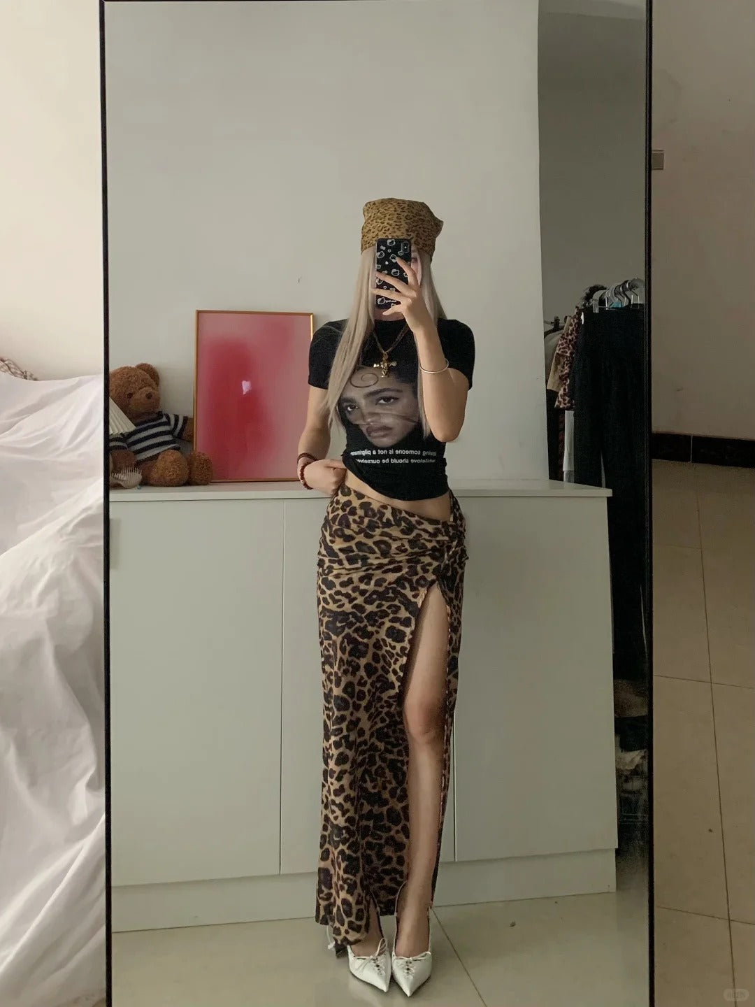 Y2k Graphic Crop Tee and Leopard Split Skirt Two Pieces Sets