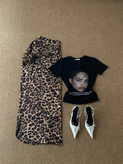 Y2k Graphic Crop Tee and Leopard Split Skirt Two Pieces Sets