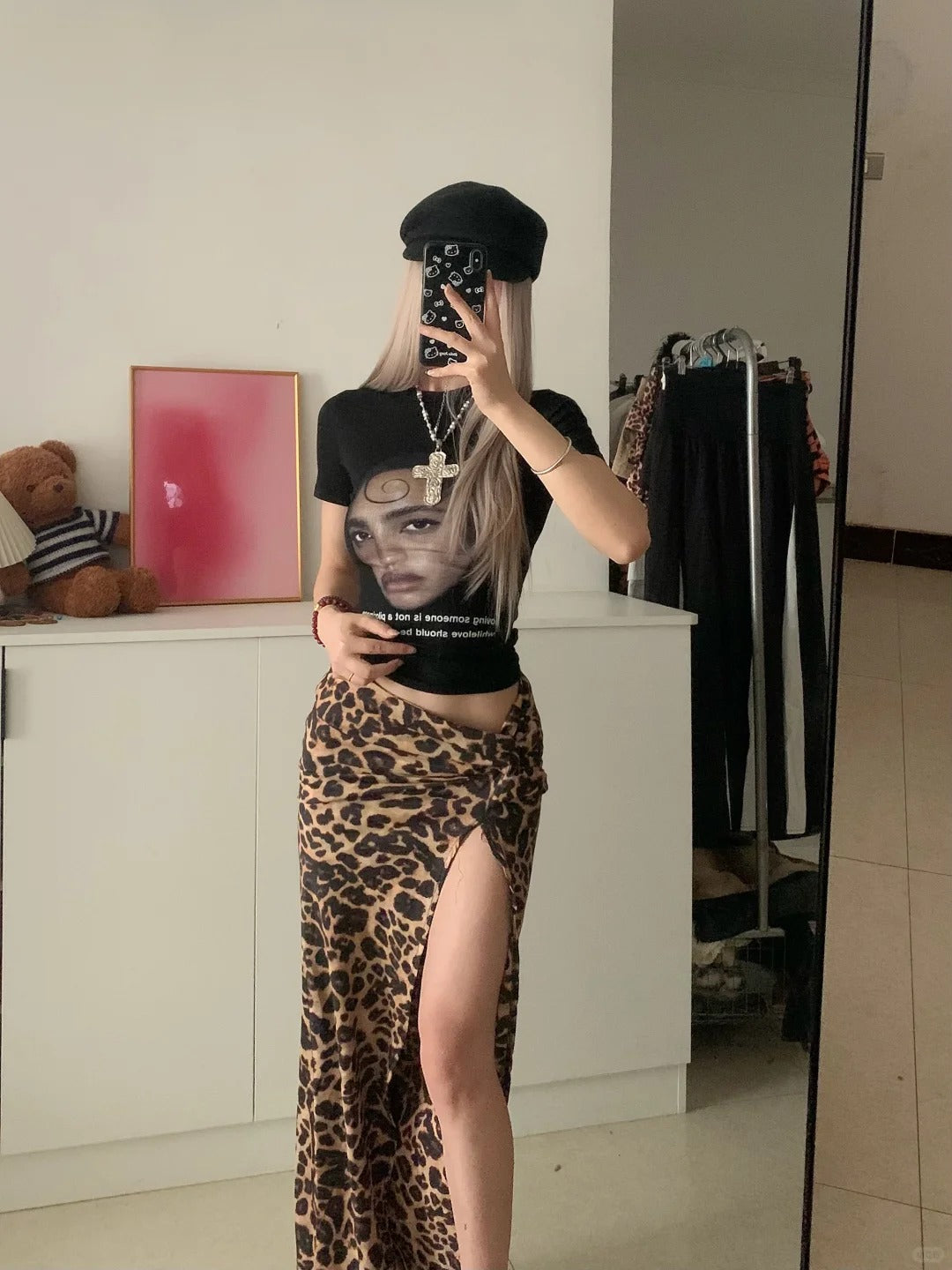 Y2k Graphic Crop Tee and Leopard Split Skirt Two Pieces Sets