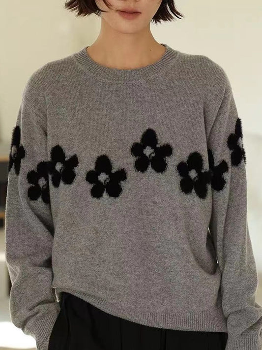 Grey Floral Embroidered Knit Sweater Women
