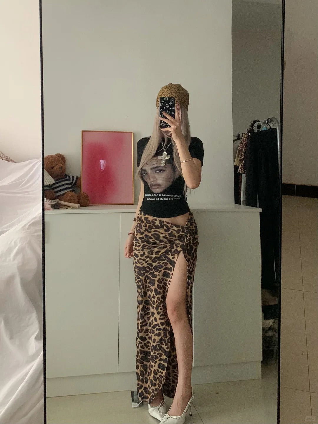 Y2k Graphic Crop Tee and Leopard Split Skirt Two Pieces Sets