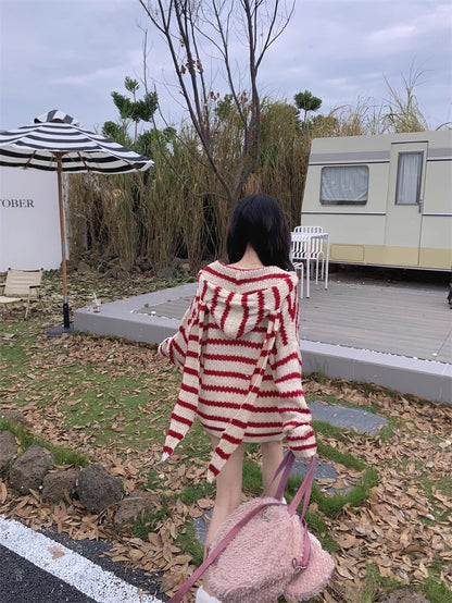 Bunny Hood Striped Knit Cardigan Women